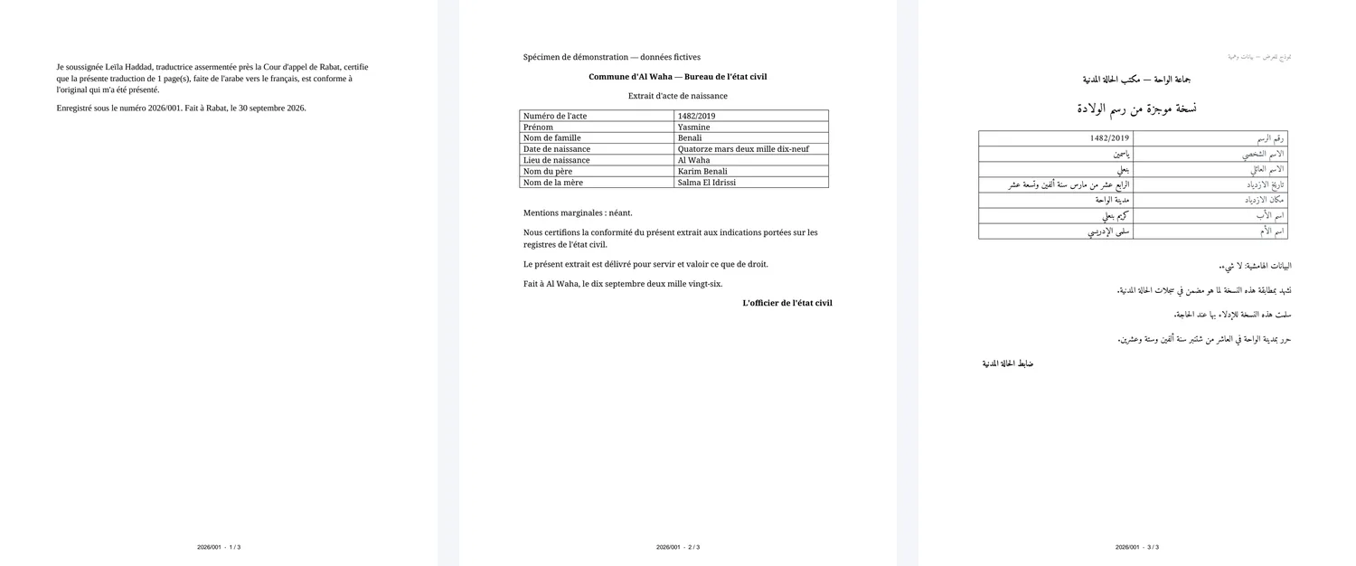 Les trois pages de l'acte certifié